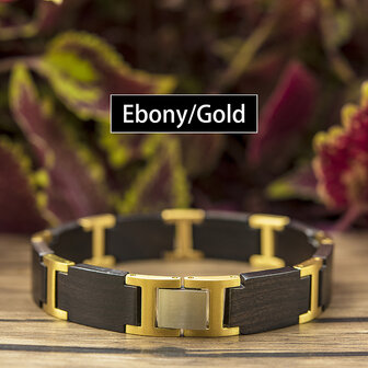 Armband Zwarte Ebony houten L 21.5 cm RVS tussenschakels goudkleurig