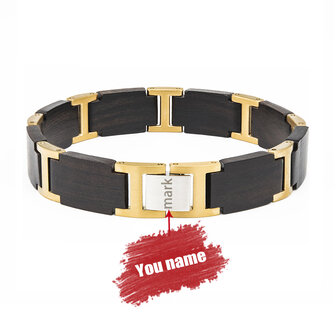 Armband Zwarte Ebony houten L 21.5 cm RVS tussenschakels goudkleurig