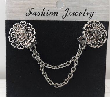 Clips met dubbel ketting, roos hartenblad, in antiek zilverkleur.