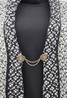 Clips met dubbel ketting, roos hartenblad, in antiek goudkleur.