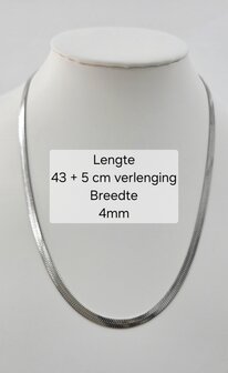 Platte Choker ketting rvs, zilverkleurig, L 43 + 5 cm, Br 4mm