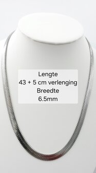 Platte Choker ketting rvs, zilverkleurig, L 43 + 5 cm, Br 6mm
