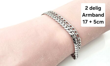 Armband, 2-lagig, Edelstahl &ndash; L&auml;nge 17 oder 19 mit 6 cm Band &ndash; silberfarben