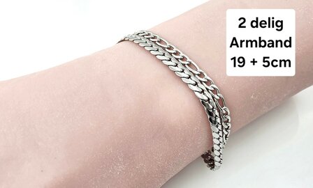 Armband, 2-lagig, Edelstahl &ndash; L&auml;nge 17 oder 19 mit 6 cm Band &ndash; silberfarben