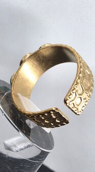 Edelstahlring mit drei gr&uuml;nen Achat-Edelsteinen, goldfarben