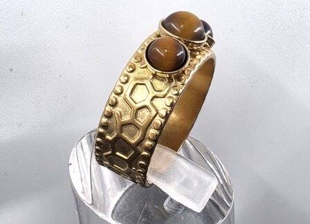 Edelstahlring mit drei Tigeraugen-Edelsteinen, goldfarben