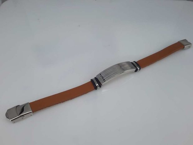 Leren armband cognackleur, plaat + rechthoek gravure, sluiting edelstaal