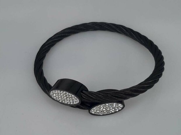 Edelstaal Armband zwart, kabel, 2 oog strass
