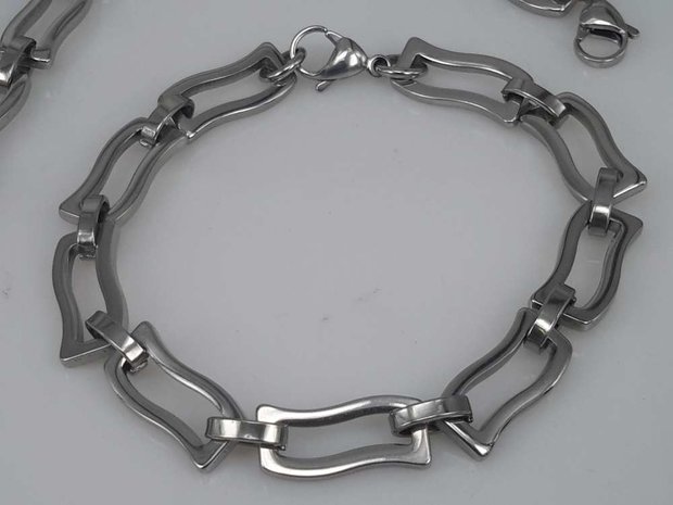 Edelstaal Konings- Armband & Ketting, gegolfde rechthoek
