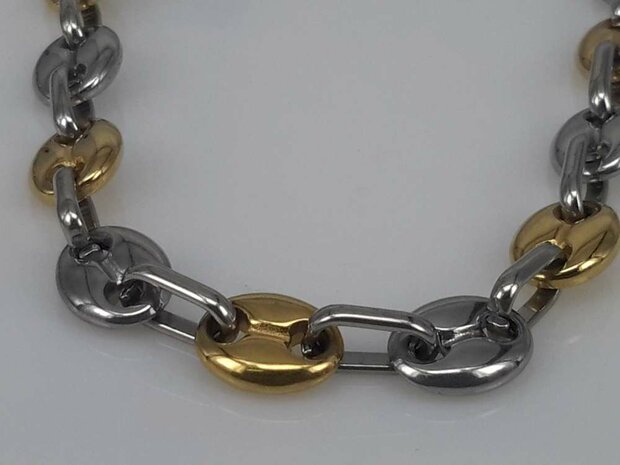 Edelstaal Konings- Armband & Ketting, ovale ring. koffieboon, goudkl rvskl