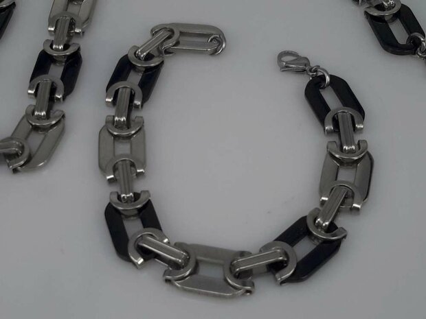 Edelstaal Konings- Armband & Ketting, verschillende grove schakels, zwart ring