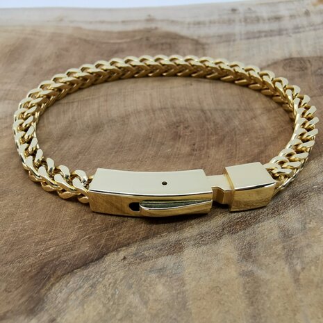 goudkleurige Armband 19cm, vierkant schakels, drukslot sluiting, edelstaal