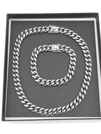 Set stalen zilverkleurige Cubaanse schakel ketting 45cm met armband 18cm.