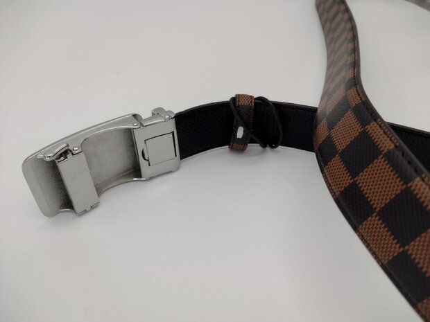 Damier bruin gecoate canvas om leder riem met automatische zilverkl buckle