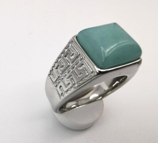 RVS Edelsteen groene Calciet zilverkleurig Griekse design vierkant ringen met beschermsteen. 