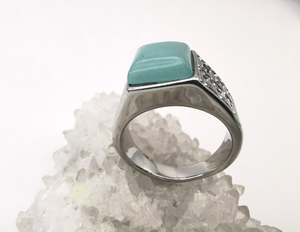 RVS Edelsteen groene Calciet zilverkleurig Griekse design vierkant ringen met beschermsteen. 