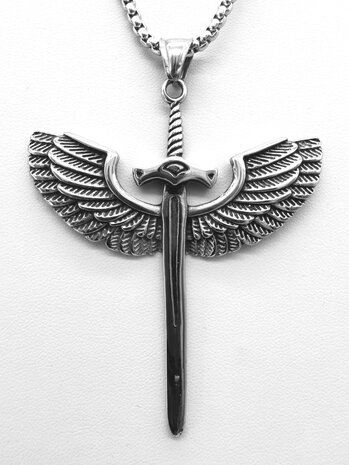 Unieke RVS hanger zwaard met vleugel Kruis ( Guardian of angel symboliek )