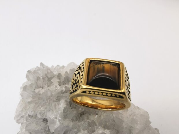 RVS Edelsteen vierkant Zwart Tijgeroog goudkleurig Ring. met zwarte/goud patronen aan de zijkant. 