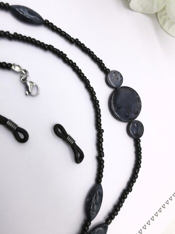 Trendy 2 in 1 Zonnebril / Ketting - Brillenkoord  kralen -L70 cm  gemêleerd zwart/grijs