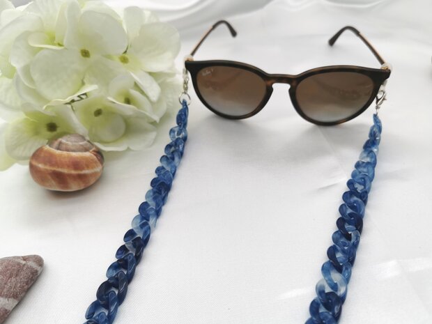 Trendy 2 in 1 Zonnebril / Ketting - Brillenkoord  Acryl schakelketting -L70 cm Blauw gemêleerd