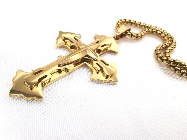 Prachtige RVS goudkleurig Orthodoxe 3 lagen kruis hanger voor mannen.