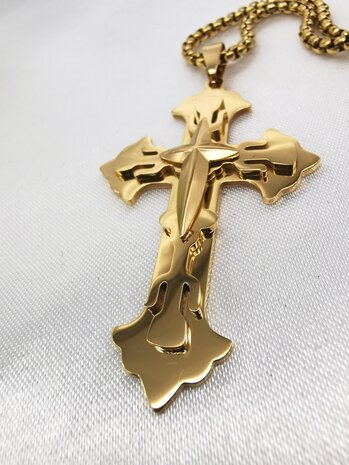 Prachtige RVS goudkleurig Orthodoxe 3 lagen kruis hanger voor mannen.