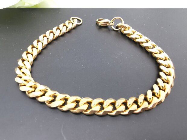 RVS armband goudkleurig Gourmet schakel.
