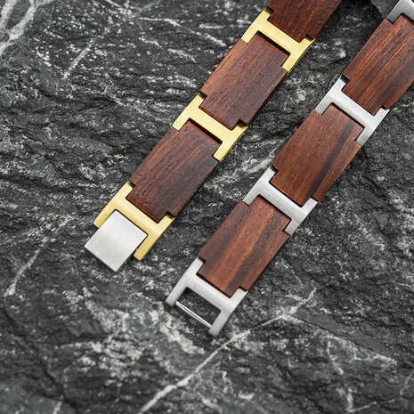 Warm mahonie houten Armband, RVS tussenschakels goudkleurig
