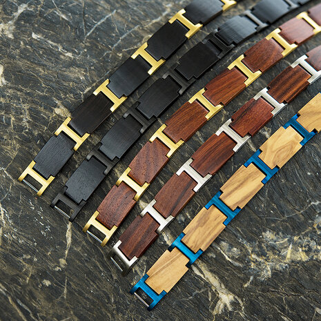 Vurig Olijf houten Armband, RVS tussenschakels blauwkleurig