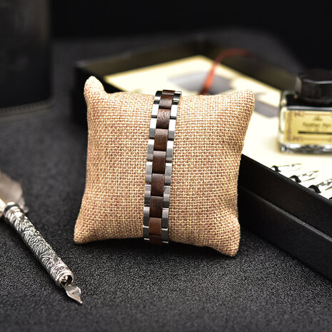 RVS Armband, bruin houten tussenschakels