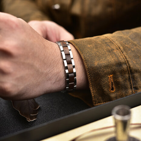 RVS Armband, bruin houten tussenschakels