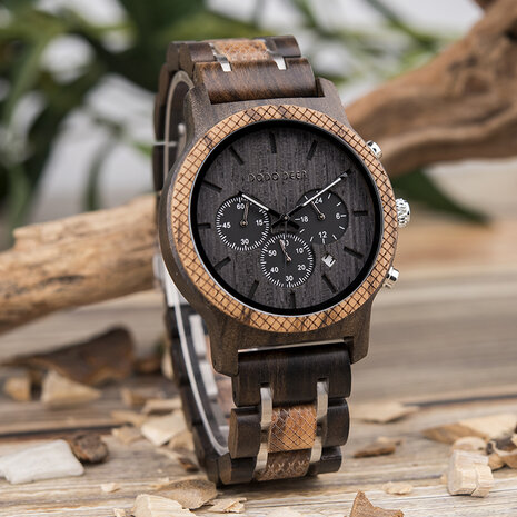 donker houten Chronograaf horloge, band houten & RVS schakels, dag, horlogesluiting