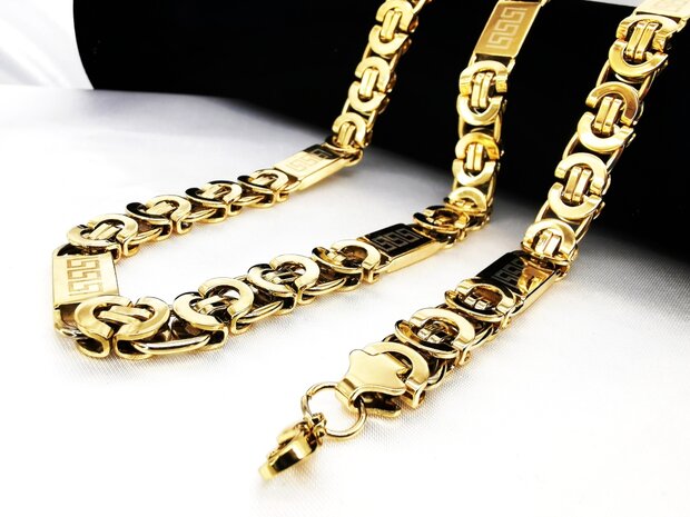RVS Ketting & Armband set, platte Koningsschakel, goudkl, Grieks design