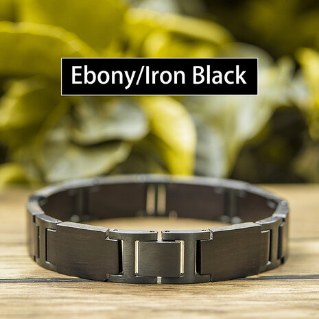 Donkerzwart Ebony houten Armband, RVS tussenschakels staalzwart