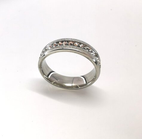 RVS – Elegant ring met 2 slanke gezilverstraalde banden midden rij strasssteentjes.