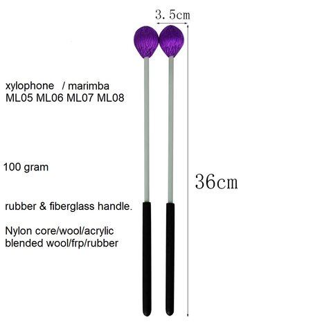 Marimba mallets, FRP stok, acrylwol kop