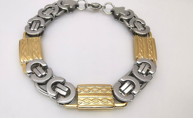 Königsgliederarmband Edelstahl bicolor, L22-24 cm-B12 mm-silber- und goldfarben