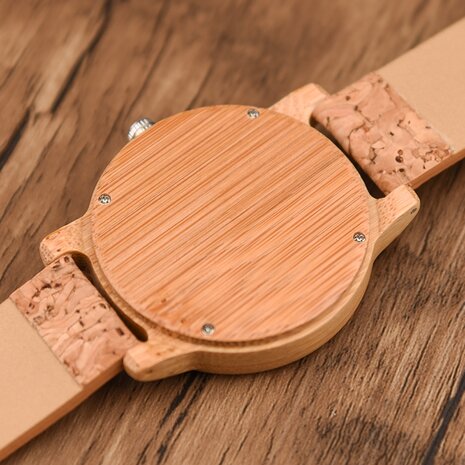 Bamboe horloge, horlogeband van kurk, gespsluiting