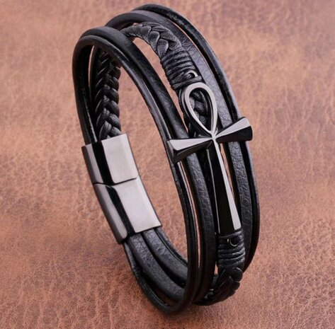 5-teiliges schwarzes Lederarmband für Herren mit schwarzem Kreuz aus Edelstahl.