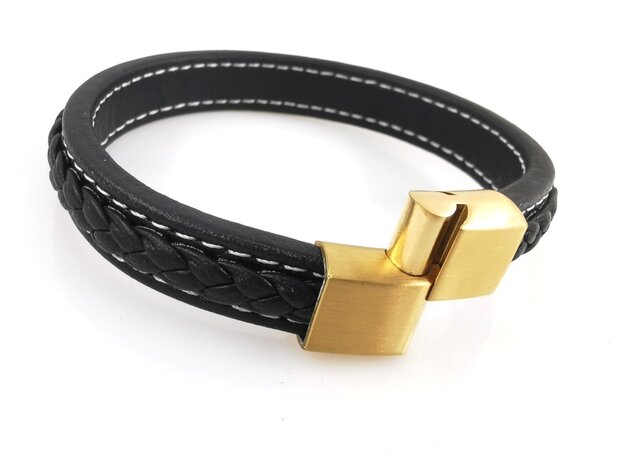 Stilvolles Herrenarmband aus schwarzem Leder mit kontrastierenden weißen Nähten.