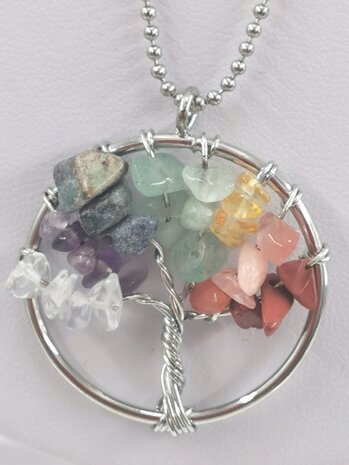 Rvs ketting L 70 cm met Handgemaakt Chakra levensboom hanger Ø 30 mm Chakra wiel.