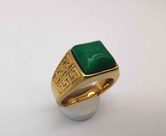 RVS Edelsteen groene Jade goudkleurig Griekse design Ring. Vierkant ringen met beschermsteen