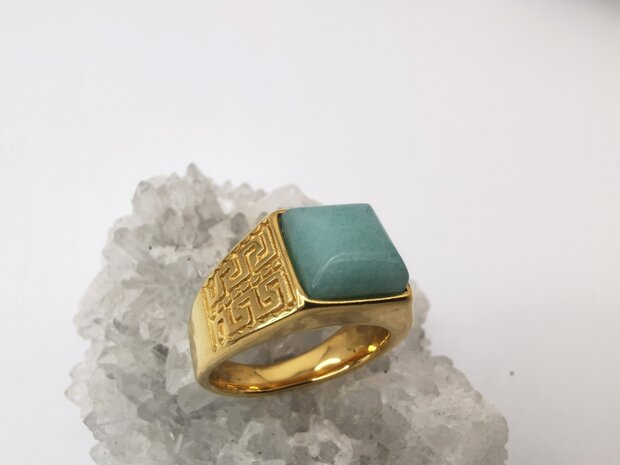 RVS Edelsteen groene Calciet goudkleurig Griekse design Ring. Vierkant ringen met beschermsteen