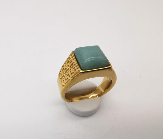 Edelstahl-Edelstein-Grüner Calcit-goldfarbener griechischer Design-Ring. Vierkantringe mit Schutzstein