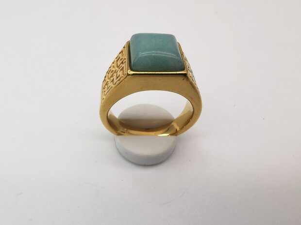 RVS Edelsteen groene Calciet goudkleurig Griekse design Ring. Vierkant ringen met beschermsteen