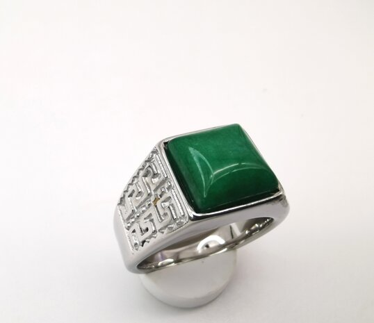 Edelstahl-Edelstein-grüne Jade silberfarbene quadratische Ringe im griechischen Design mit Schutzstein.