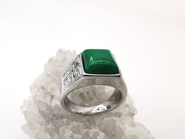 Edelstahl-Edelstein-grüne Jade silberfarbene quadratische Ringe im griechischen Design mit Schutzstein.