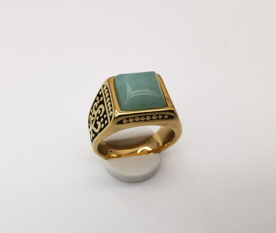 RVS Edelsteen vierkant groene Calciet goudkleurig Ring. met zwarte/goud patronen aan de zijkant. 