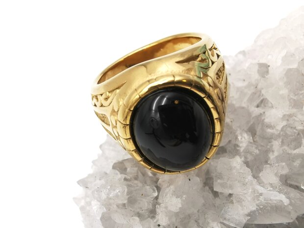 RVS goudkleurig ovale edelsteen ring met Onyx edelsteen 