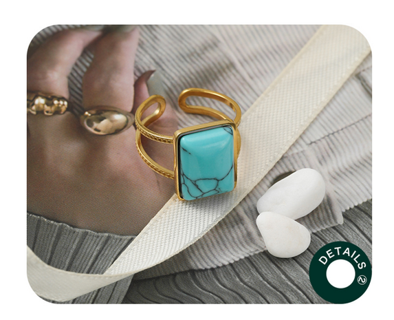 RVS goudkleurig Ring met Groene Turquoise edelsteen–Verstelbare 